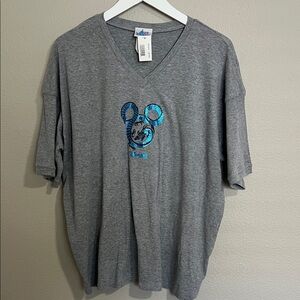 Vintage NWT Disneyland Gray V-Neck Tee with Blue Sequin Mickey Shaped Dragon